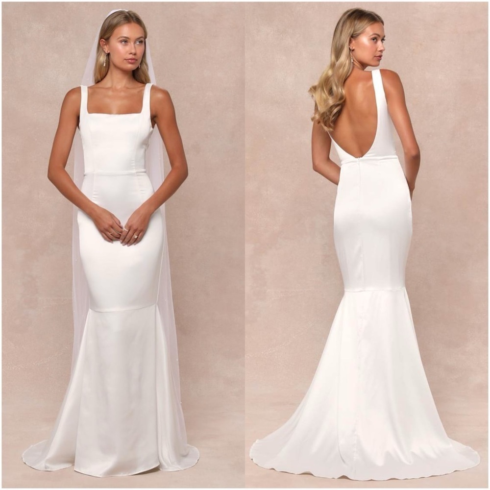 LULU’S Luxe Loveliness White Satin Backless Mermaid Maxi Dress